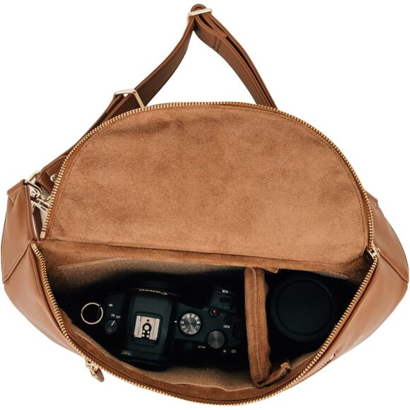 Stylish Vegan Leather Camera Sling Bag - Hands-Free & Compact Design, Brown - Picture 8 of 8